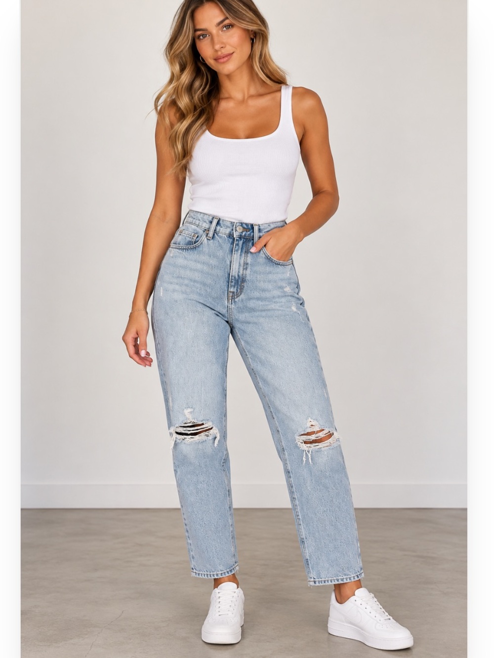 Zara Light Blue Distressed Straight Leg Jeans